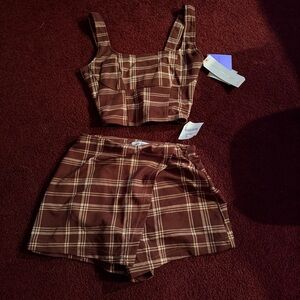 Almost famous two piece set plaid brown crop top and skort NWT
